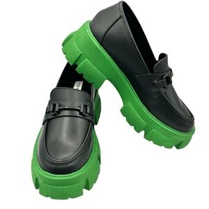 Steve Madden Women's Black Leather Trifecta Platform Loafer w/ Green Lug Sole 7